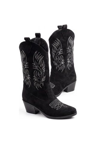V.s.h Velvet Sara Kadın Western Basklılı Siyah Kovboy Çizme -2554
