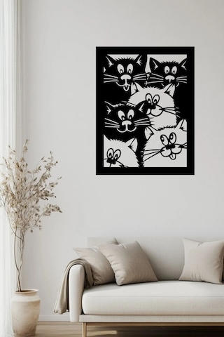 Siyah Kalabalık Kediler - 3mm Mdf Ahşap Dekoratif Duvar Tablosu