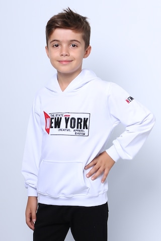 Erkek Çocuk Kapşonlu Sweat Baskılı Cepli C34 Beyaz