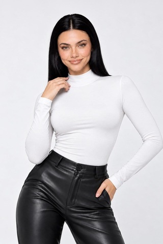 Cottonhıll Premium - Drape Collection Beyaz Viskon Balıkçı Yaka Uzun Kollu Çıtçıtlı Kadın Bodysuit