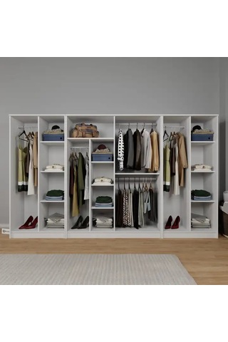 Kardelen Serisi 300 Cm Mat Beyaz 8 Kapılı 13 Raflı Elbise Dolabı - Gardırop Seti Beyaz
