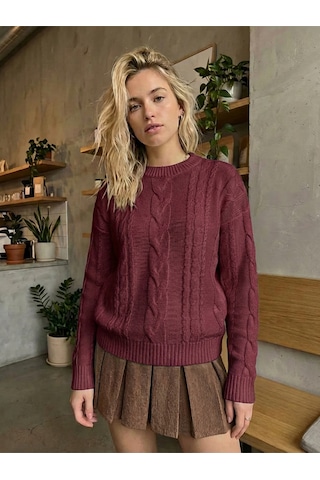 Sayzen Your Shine Saç Örgülü Basic Regular Triko Kazak Sy-2605 Bordo