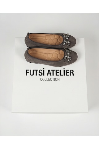 Futsishoes Mıstral Füme Süet Hakiki Deri Taş Tokalı Kadın Babet Ayakkabı Gri