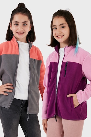 Lela Yumuşak Dokulu Fermuarlı Renk Bloklu Dik Yaka Cepli 2'Li Paket Hırka Çocuk Polar 5905001S2 Somon Gri-Şeker Pembe Mor