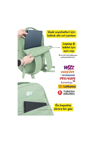 Jet Turtle Seyahat Sırt Çantası 40cm 40x25x15 Cm Pegasus, Wizz Air, Ryanair, El Valizi Koltuk Altı Valizi Yeşil
