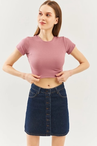 Kadın Kısa Kol Bisiklet Yaka Vücuda Oturan %100 Pamuklu Kaşkorse Esnek Crop Bluz Gül Kurusu