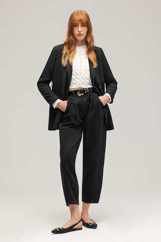 Sââde Kadın Tek Düğmeli Dokuma Kruvaze Blazer Ceket - Kuşaklı Siyah