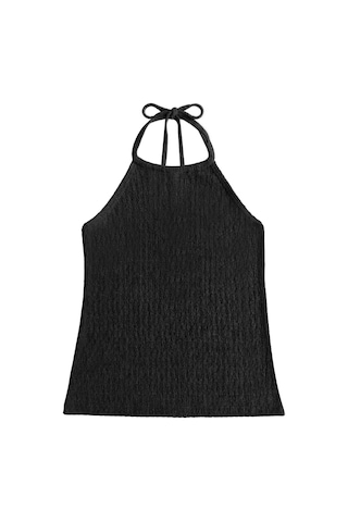 Cottonhıll Premium - Tide Collection Siyah Halter Yaka Boyundan Bağlamalı Bürümcük Dokulu Kadın Crop Bluz