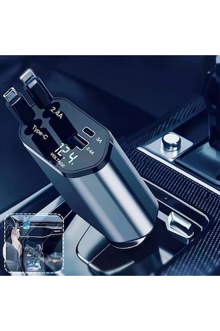 Honeybeeshop Type C Ve Ios İçin Metal Stil 66w Hızlı Araç Şarj Cihazı Teleskopik Kablolu 2 Usb Portlu İphone Samsung Xiaomi Uyumlu