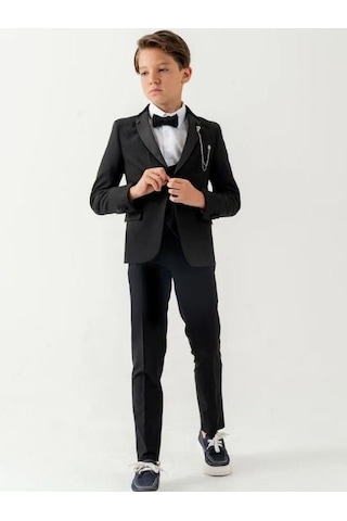 Erkek Çocuk Duble Yaka İğne Detaylı 5 Parça Takım Elbise-15837 Siyah