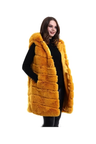 Kapşonlu Peluş Kürk Yelek Premium Kalite, Tam Astarlı, Uzun Model - Sarı Sarı