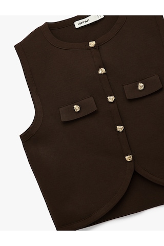 Koton Gold Düğmeli Bisiklet Yaka Düğmeli Triko Yelek Kahverengi 6wak20046ht Kahve