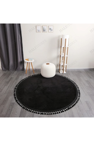 Siyah Fluffy Düğüm Saçaklı Yuvarlak Post Peluş Halı Kaymaz Taban