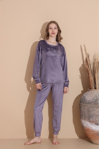 Lukitus Kadife Uzun Kol Kadın Pijama Takımı Gri
