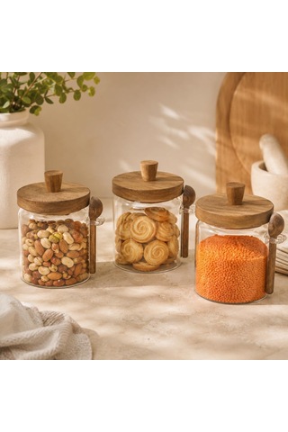 Akasya Kapaklı Kaşıklı Cam Kavanoz 450 Ml 3'lü Set, Şeffaf Cam Saklama Kavanozu, Ahşap Kapaklı Kaşıklı Mutfak Düzenleyici, Baharat Kahve Şeker Bakliyat Kuruyemiş Kavanozu Çok Renkli