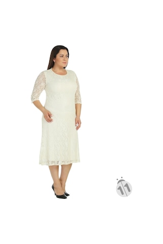 Nidya Moda Büyük Beden Dantel Elbise-4036E Ekru