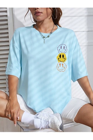 Noıssey Karikatür Ve Grafik Tasarım Oversize T-shirt Cartoon/letter Serisi Kod45 Mavi