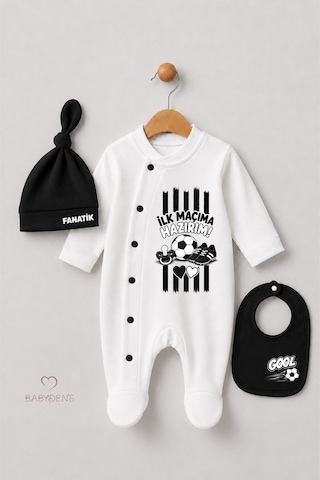 Babyden's 3'lü Bebek Tulum Seti %100 Pamuk Taraftar Temalı Siyah Beyaz İlk Maçıma Hazırım Baskılı Şapka Önlük Seti Siyah - Beyaz