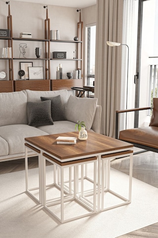 Lizbon 4+1 Kare Sehpa Takımı Beyaz Metal - Barok Tabla