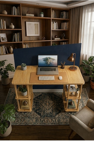 Kitaplıklı Bilgisayar Masası Raflı Geniş Çalışma Masası Modern Dekoratif Ofis Mobilyası Safirmeşe
