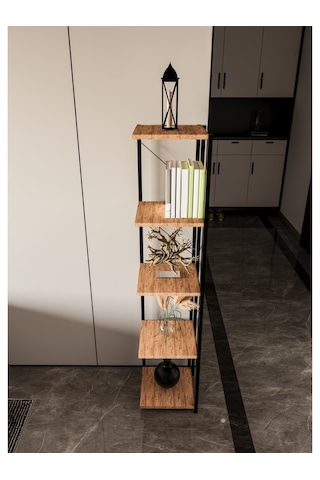 Alpa Ev Mobilya 5 Katlı Kare Raflı Metal Köşe Raf, Dekoratif Kitaplık Ve Modern Saksılık Atlantik Çam