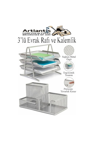 Gümüş Gri Metal Evrak Rafı 3 Lü Ve Masaüstü Kalemlik 1 Paket Masaüstü A4 Dosya 3 Katlı Düzenleyici Kağıt Tepsisi Metal Gümüş Gri