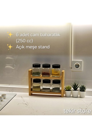 6'lı Baharatlık Standlı Cam Çift Yönlü Kapak 1. Sınıf Kalite Çam Bambu