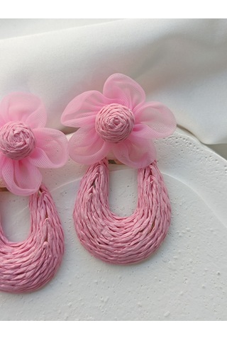 Pembe Çiçekli Hasır Küpe Altın - Pembe