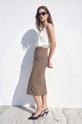 Sateen Düz Kalem Etek - Vizon-137389