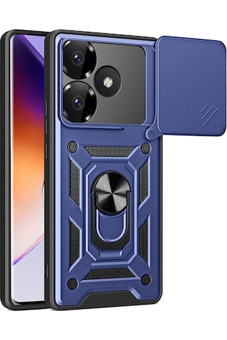 Xiaomi Poco F6 Kılıf Magnetik Standlı Kamera Korumalı Zore Sürgülü Vega Kapak Mavi