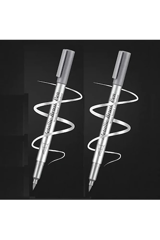 Gümüş Metalik Brush Marker Kaligrafi Kalemi, Cam Kalemi, Davetiye, Süsleme, Balon, Bardak Yazı-2 Ad
