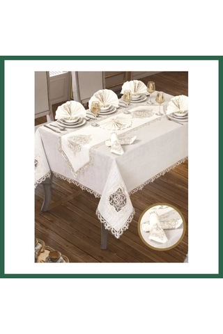 Vıntessy Lisa Linen Krem 26 Parça 12 Kişilik 160 260 Cm Çeyizlik Premium Yemek Masa Takımı Bzs01