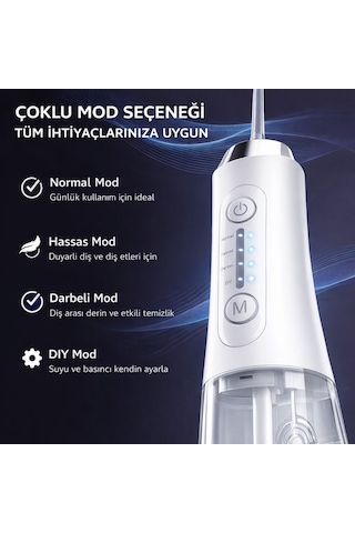 Şarjlı Ağız Duşu 320ml Su Hazneli 4 Modlu Ipx7 Su Geçirmez Type-c Ağız İçi Temizleme Cihazı 5 Başlıklı