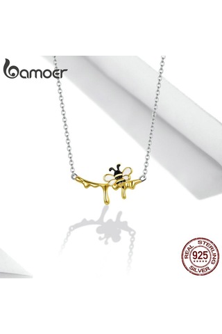 Bamoer 925 Ayar Gümüş Canlı Bumblebee Ve Tatlı Bal Kolye Parlak Emaye Kaplama Altın Zincir Kolye Kadınlar İçin Moda Takı Altın