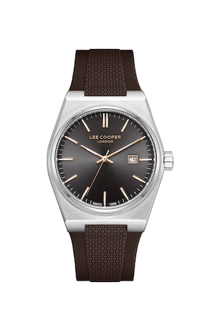 Lee Cooper Kahverengi Silikon Kayış Füme Kadran 40 Mm Yuvarlak Erkek Kol Saati, Bileklik Hediyeli Gümüş