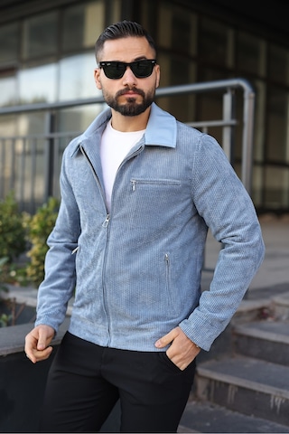 Vintage Kadife Deri Yaka Detaylı Ceket Mavi