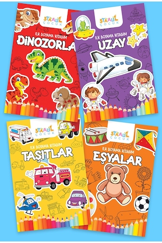 İlk Boyama Kitabım - Eğlenceli Boyama Seti 2 - Uzay / Dinozorlar / Taşıtlar / Eşyalar