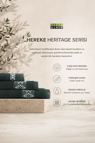 Hereke Heritage Serisi 3 Lü Havlu Seti Krem Bordürlü Yeşil, %100 Ege Pamuğu, Jakarlı Dokuma, 3 Parça Havlu Seti