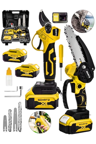 Schatz 18v Çift Akülü Çelik Şanzıman 35mm Dal Budama Makası & 15cm Budama Testeresi 2 Li Set Sarı