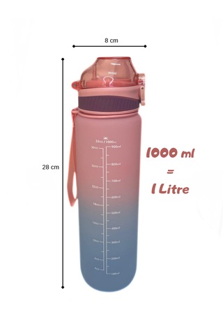 1000 Ml Plastik Motivasyon Matarası Pipetli, Kilitli Ve Taşıma Kulplu Açık Pembe - Mavi