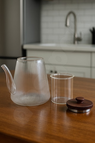 Akasya Kapaklı Ve Saplı Cam Demlik - Isıya Dayanıklı - Cam Demlikli - 3 Parça - 1 Litre Cam