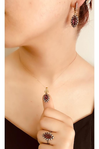Kırmızı Safir Taşlı 925 Ayar Gümüş Üçlü Otantik Set Takı