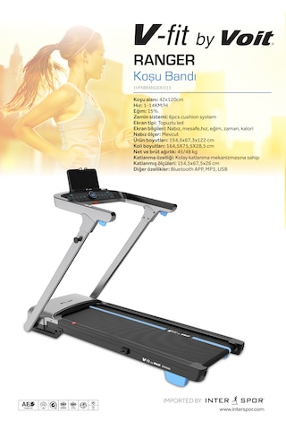 Voit Vfıt By Ranger Koşu Bandı 1-14 Km/h %15 Eğim Bluetooth Katlanabilir Gri