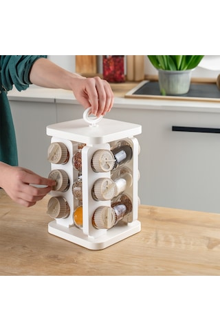 Porsima 1082 Kare Döner Standlı Döner Kapaklı Cam Baharatlık Beyaz Beyaz - Cappuccino