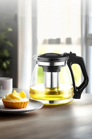 Isıya Dayanıklı Büyük Cam Demlik 1700 Ml Kapasiteli, Çelik Süzgeçli Ve Kapaklı Tasarım Şeffaf