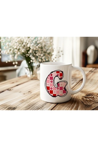 G Harfi Pembe Kareli Kalpli Göz Emojili Kupa Bardak Eğlenceli Kareli Tasarım Kahve Çay Kupası 07 Beyaz