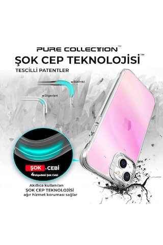 Bix iPhone Uyumlu 14 Plus / 15 Plus Pure Rainbow Renk Geçişli Şeffaf Kılıf Çizilmeye Dayanıklı Darbe Emici Pembe