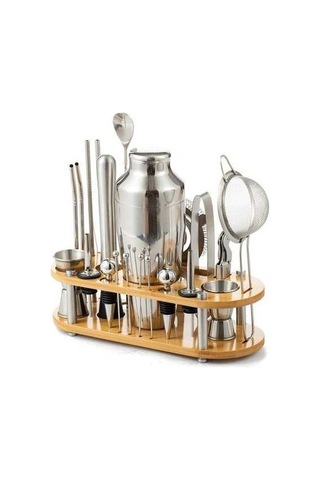 Besthome1 Bambu Standlı 23 Parça Profesyonel Paslanmaz Çelik Kokteyl Çalkalayıcı Seti, Gümüş Renkli