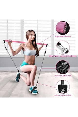Valkyrie 4 Lastikli 1. Kalite Pilates Bar Egzersiz Çubuğu Ayarlanabilir Zorluk Evde Spor Squat Kademeli Çantalı Kolay Kurulum Pembe