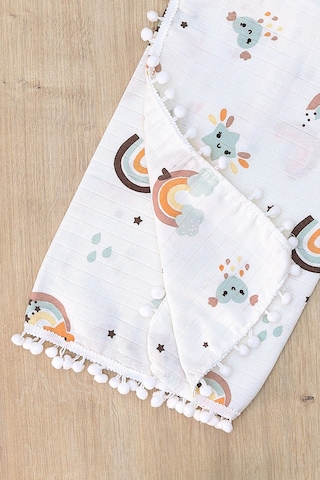 Kız Erkek Bebek Çift Katlı Ponponlu Müslin Kundak Battaniye Stl6907 Beyaz - Fuşya